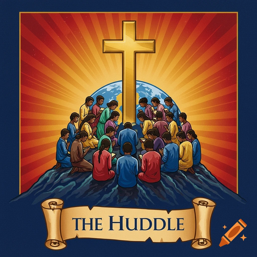 Illustration of diverse people around a globe and golden cross on a mountain, reading books. Scroll says 'THE HUDDLE'.