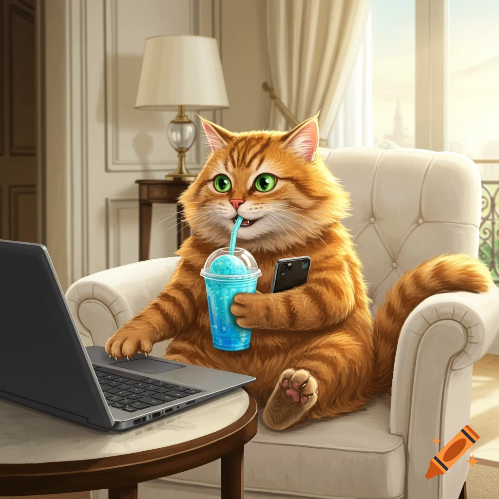 Illustration of a cartoon orange cat sitting in a chair, using a laptop and phone, while drinking a blue slushie.