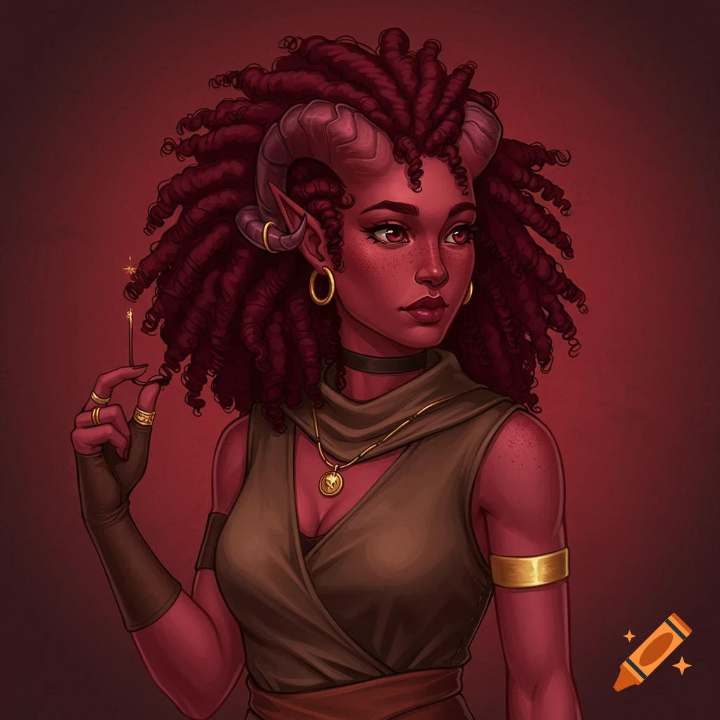 Fantasy portrait of a red-skinned tiefling woman with horns and curly hair, holding a lit match.