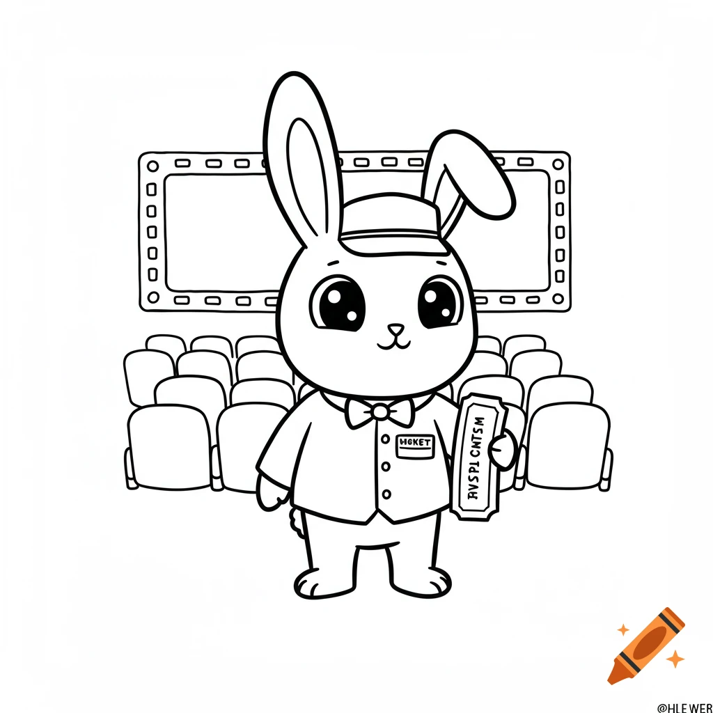 Black and white line drawing of a cute rabbit movie theater usher holding a ticket.