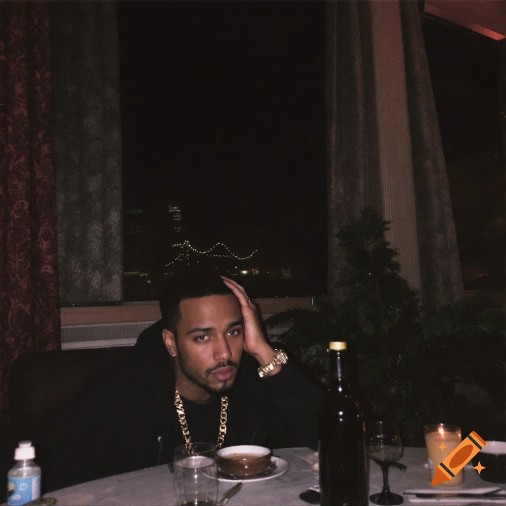 A man sits at a table in a restaurant at night, wearing a gold chain and watch, hand on his head.