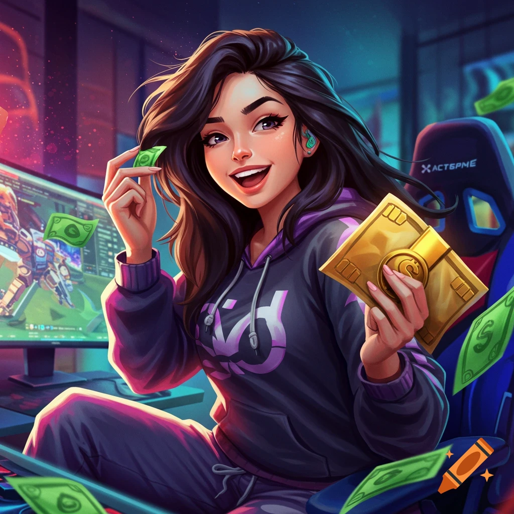 Illustration of a young woman gamer holding money and smiling while playing a video game.