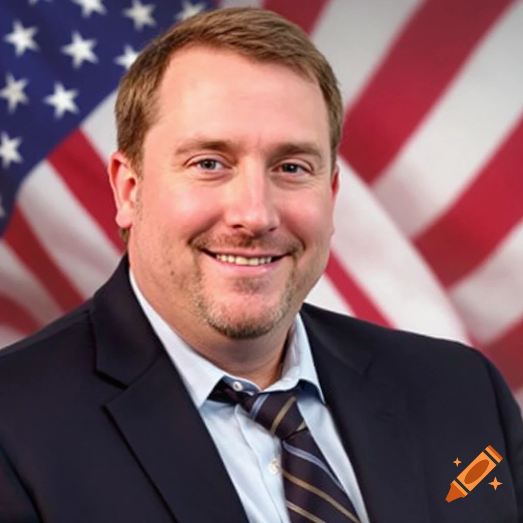 A man in a suit and tie smiles in front of an American flag.