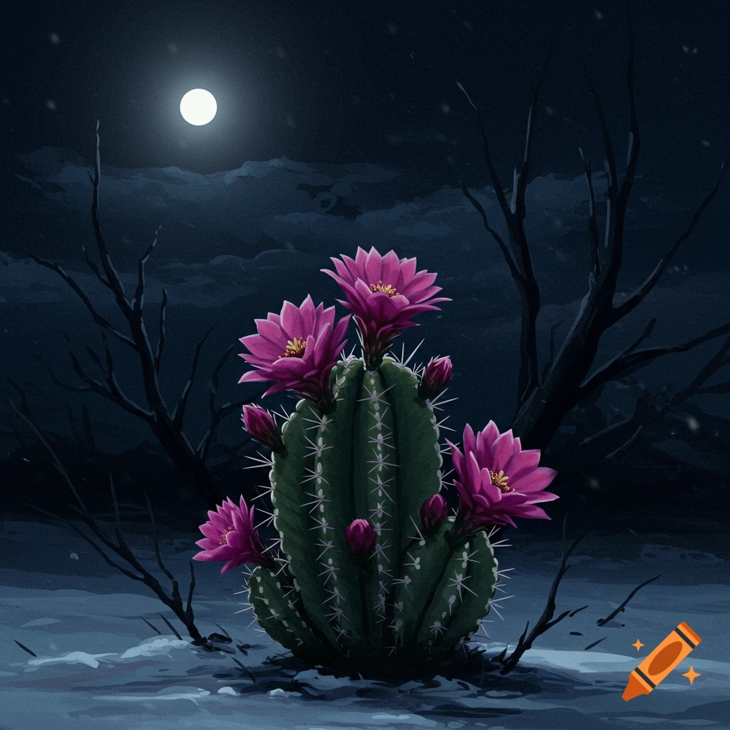 Flowering cactus under a bright moon in a dark, snowy winter night landscape.