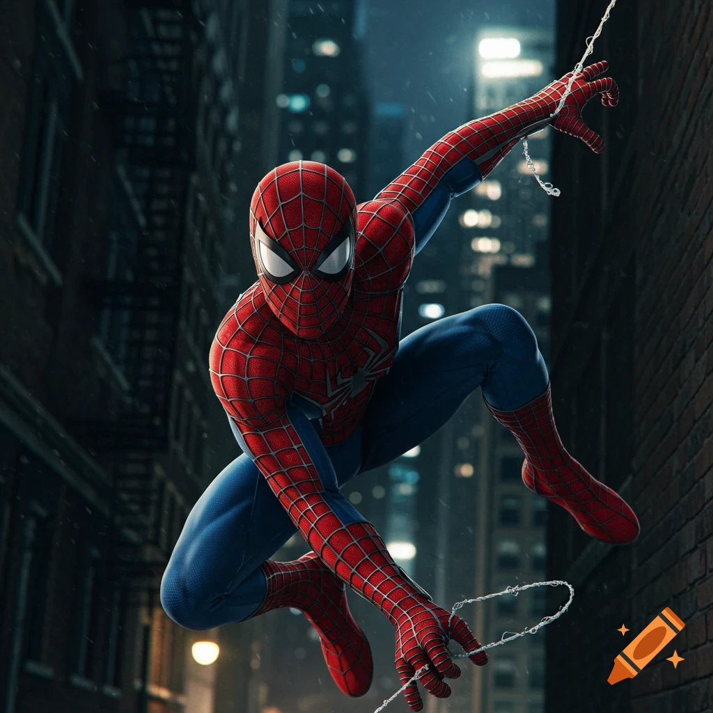Spider-Man swings through a city alley.