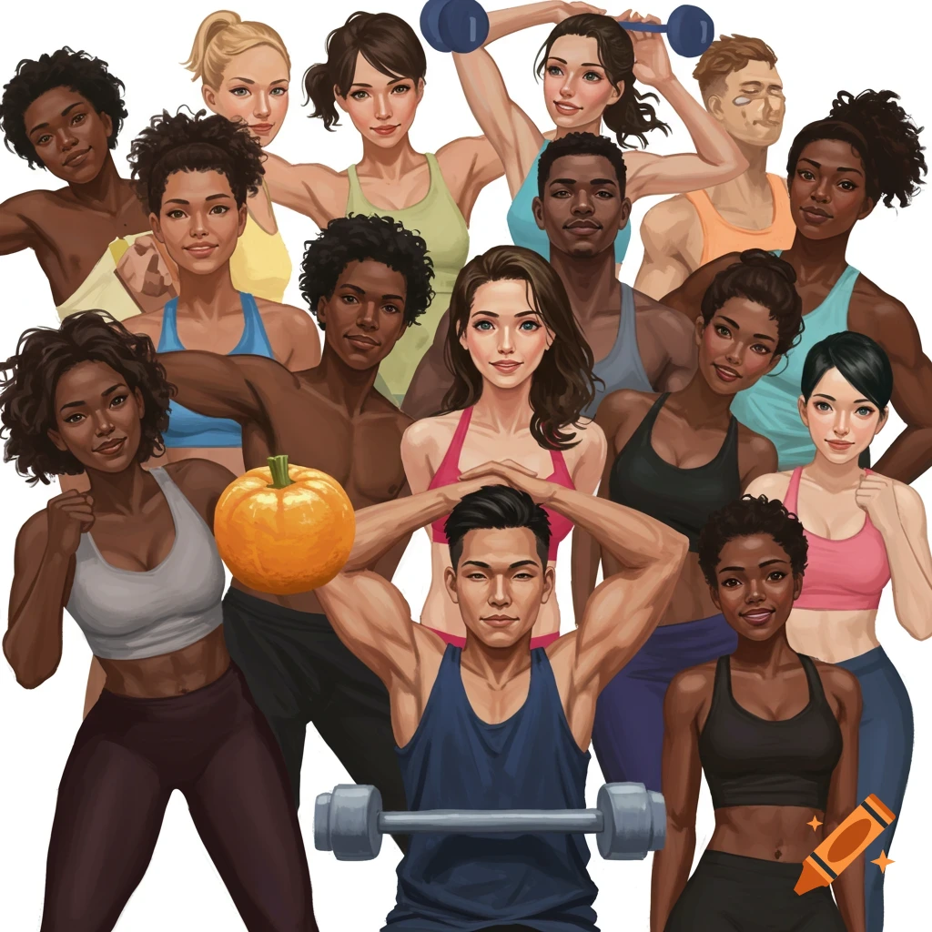 Illustrative image of a diverse group of people in workout clothes, some lifting weights.