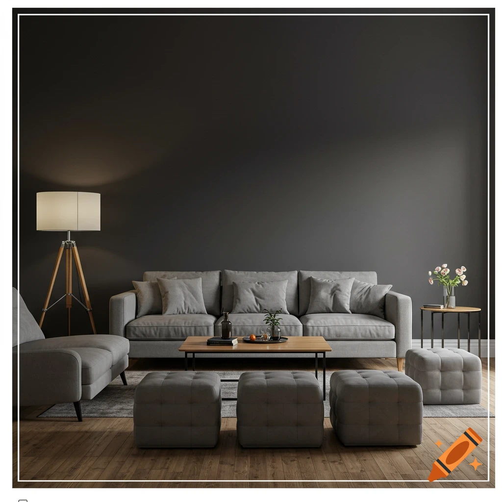 A modern living room with a gray sofa, armless chair, coffee table, four ottomans, and a floor lamp.