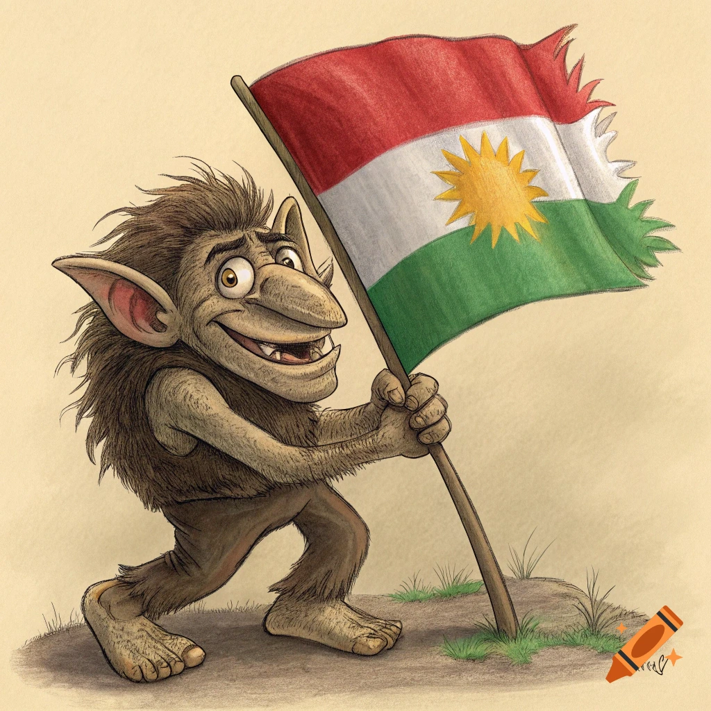 Cartoon illustration of a furry troll holding the flag of Kurdistan.