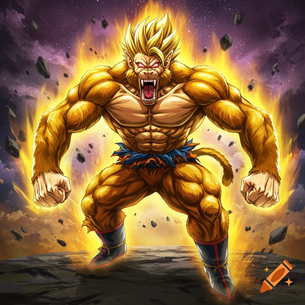 Muscular golden ape creature with blonde hair and red eyes surrounded by energy in a rocky landscape, anime style.