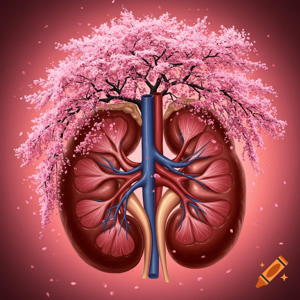 A stylized illustration of a human kidney with a pink cherry blossom tree growing out of the top.