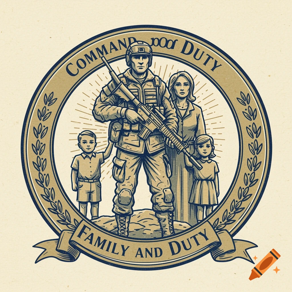 Illustration of a soldier and his family inside a circular seal with text and olive branches.