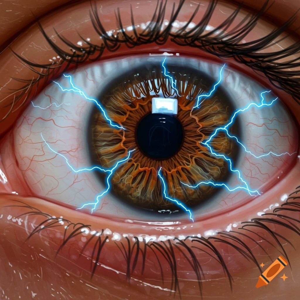 Realistic close-up of a human eye with blue lightning emanating from the pupil.