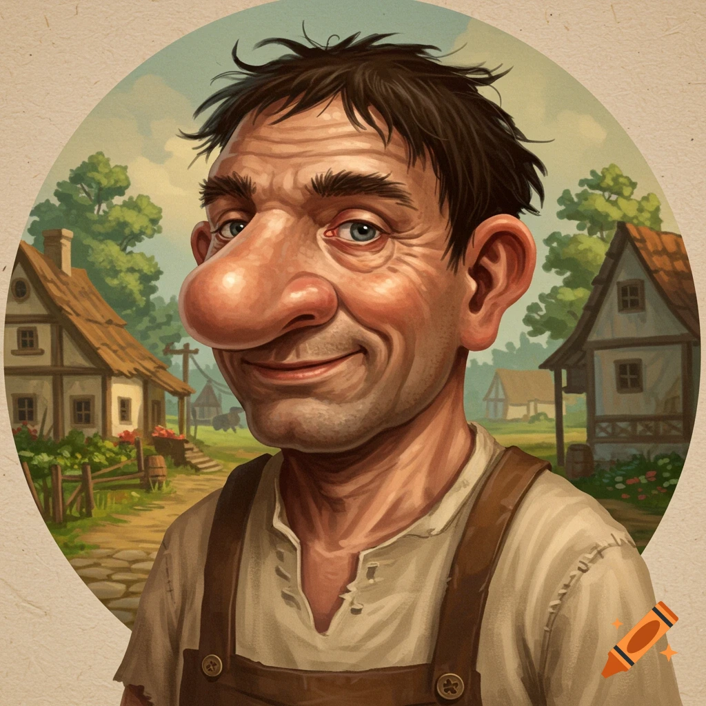 Close-up portrait of a smiling villager with a large nose and messy hair in an illustration style. He wears overalls, with a village background.