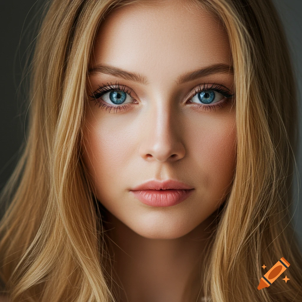 Close-up photorealistic portrait of a young woman with blonde hair and blue eyes.