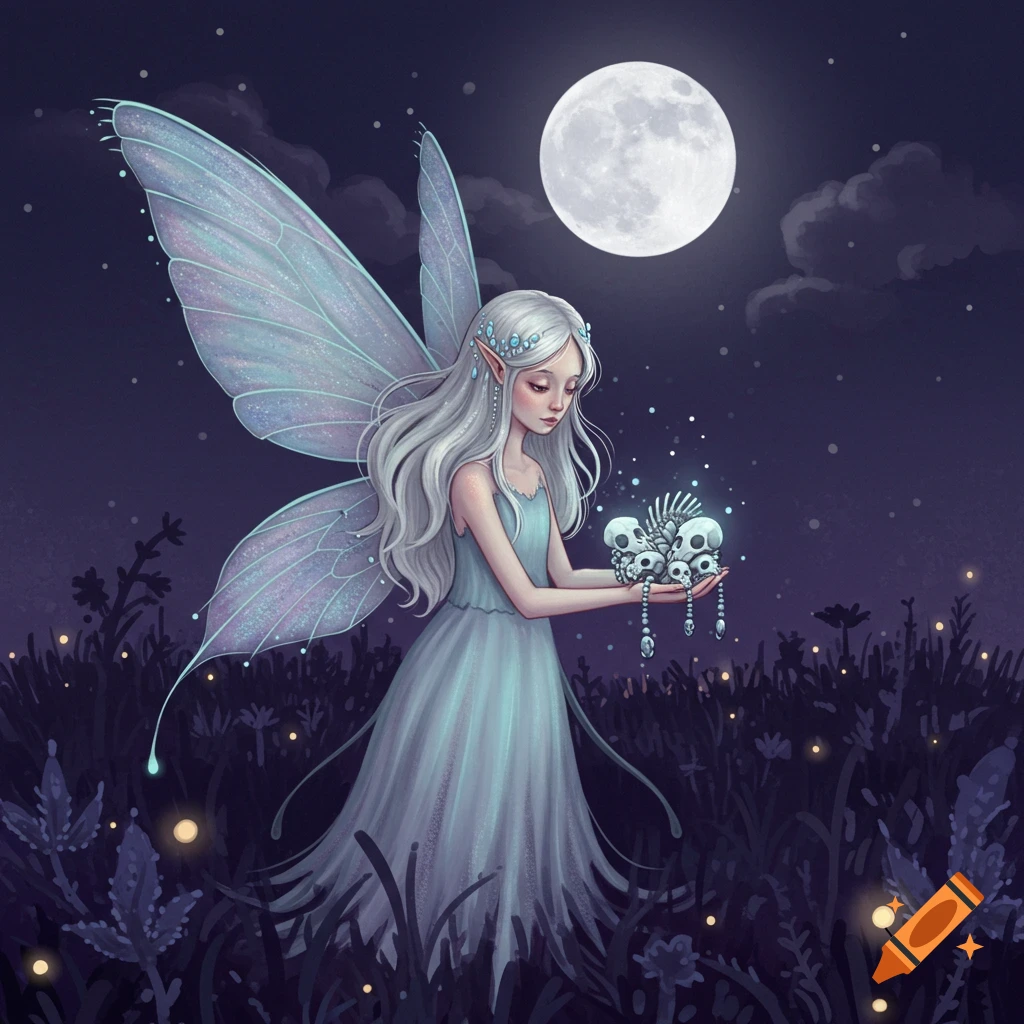 Fantasy illustration of a pale fairy with translucent wings holding skulls in a moonlit field