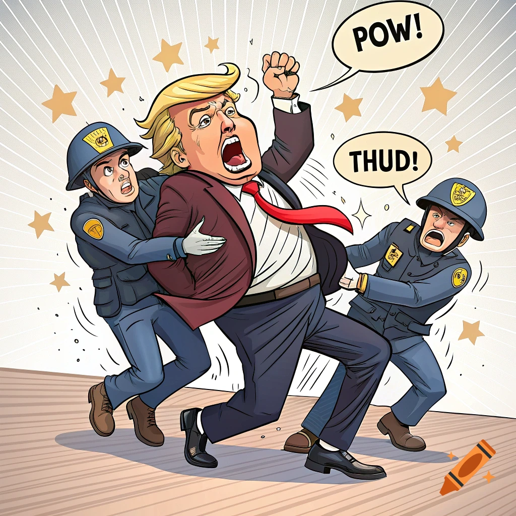 Cartoon of Donald Trump being held by two officers, with POW and THUD speech bubbles.
