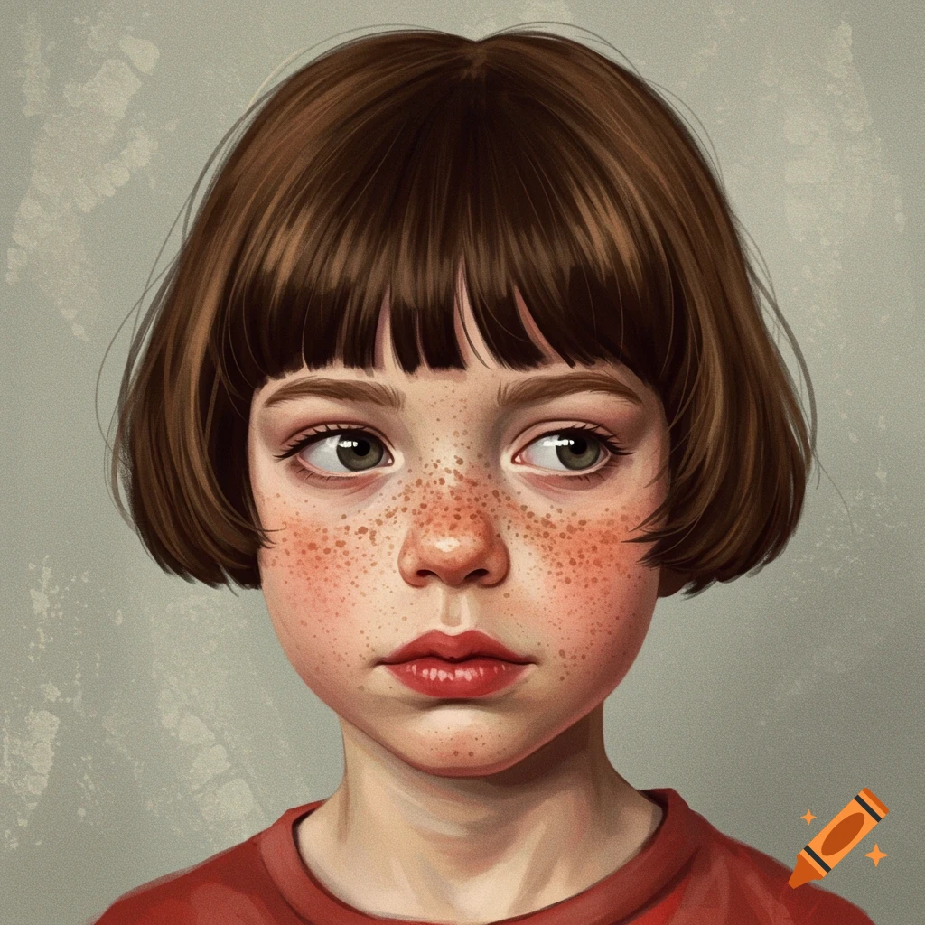 Illustration of a young girl with a bowl cut, freckles, and a red shirt looking left.