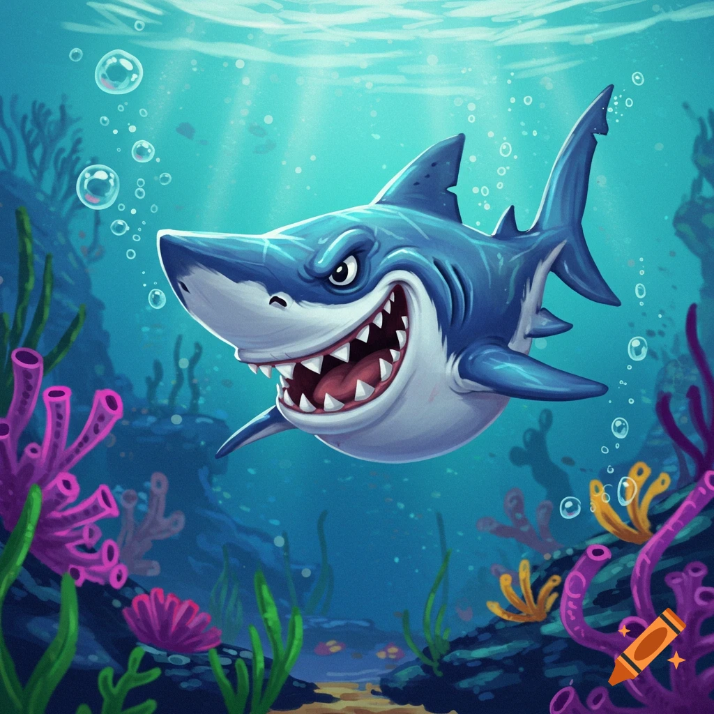 A cartoon shark with a big smile swims in the ocean near coral and plants.