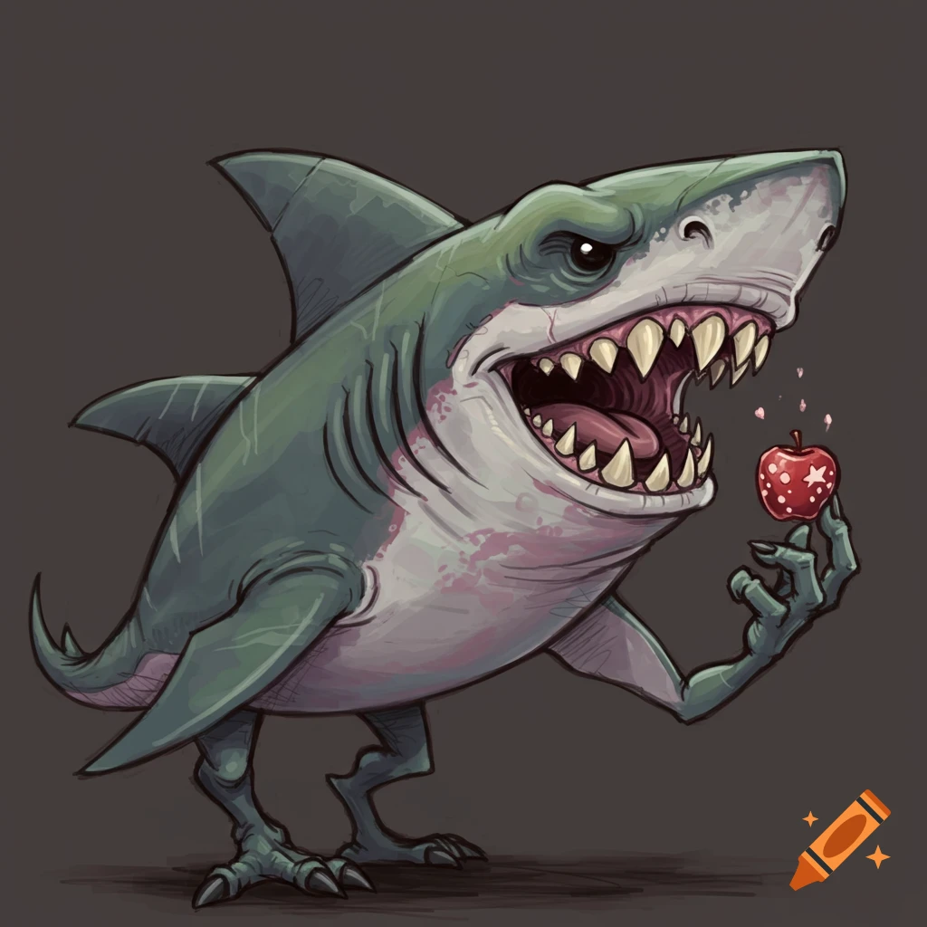 Cartoon illustration of a bipedal shark creature holding a red apple with a star.