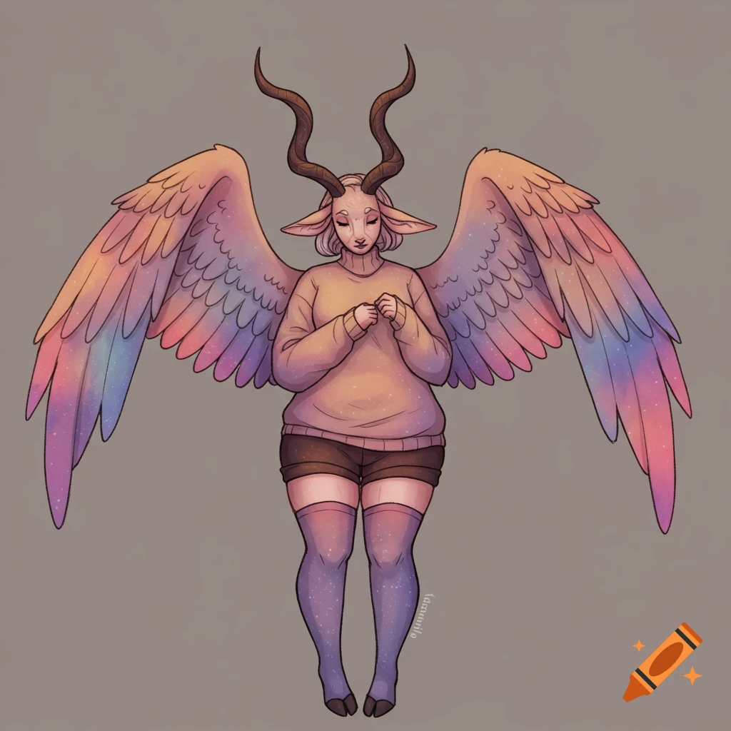 Cartoonish character with horns and large rainbow wings, wearing a sweater and shorts.