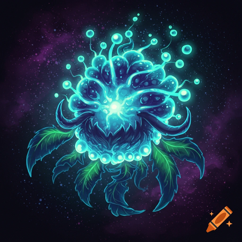 A glowing blue and green plant monster with tentacles and bulbs against a starry purple background.