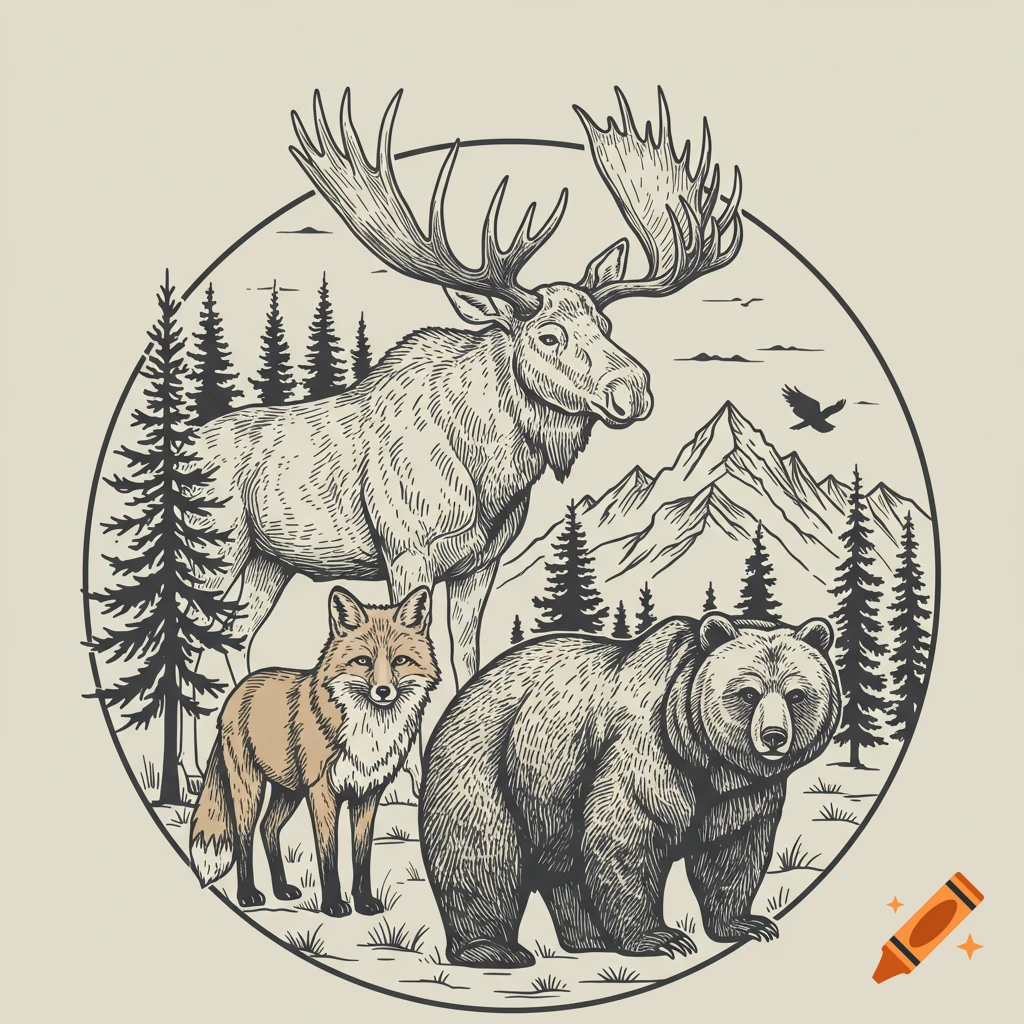 Stylized line art illustration of a moose, fox, and bear in a mountain landscape.