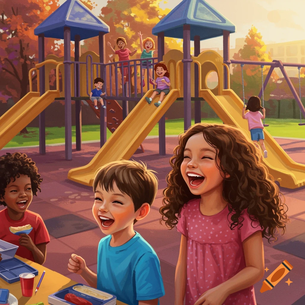 Illustrative image of children having lunch and playing on a sunny playground.