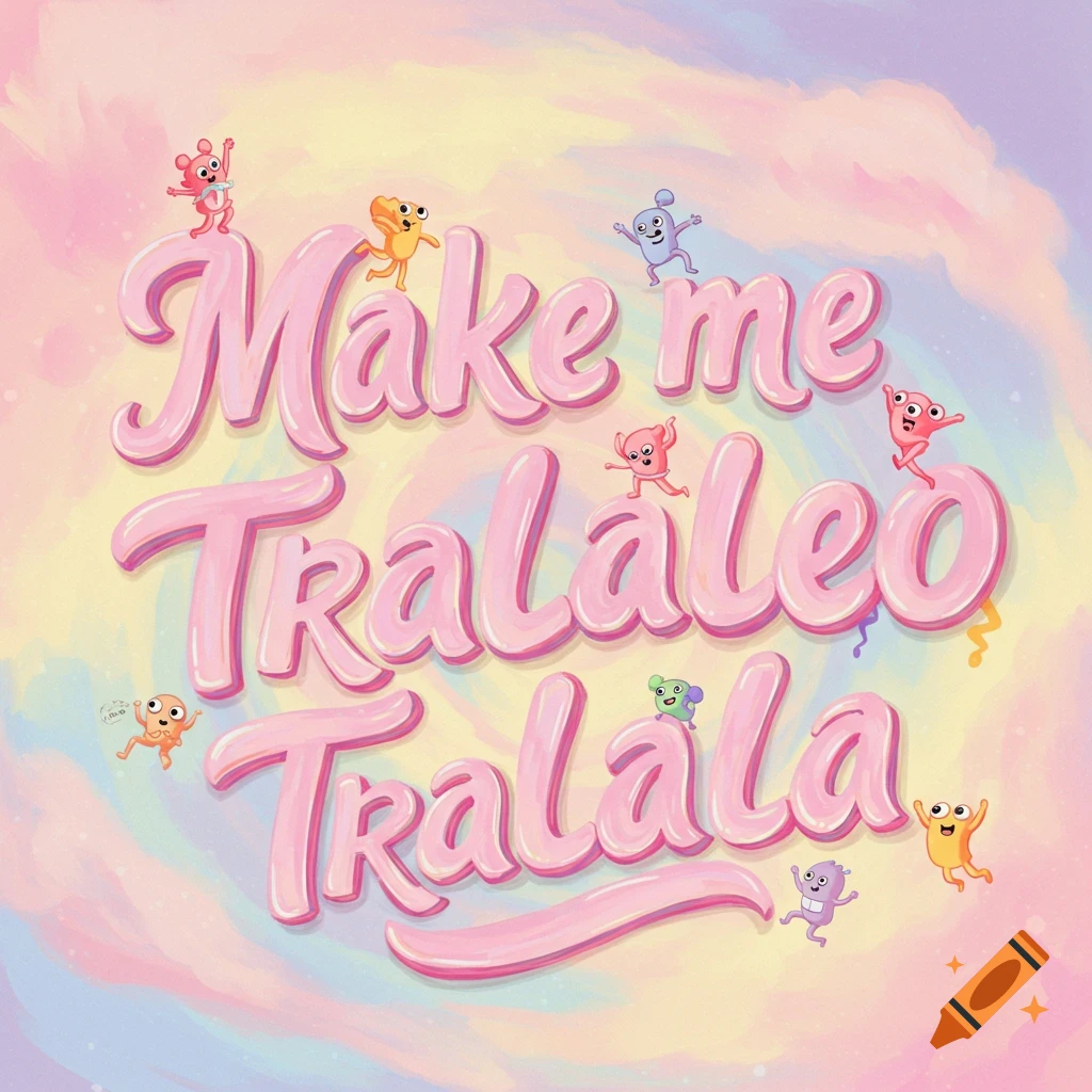 Large pink text 'Make me Tralaleo Tralala' with colorful cartoon creatures on a pastel swirled background.