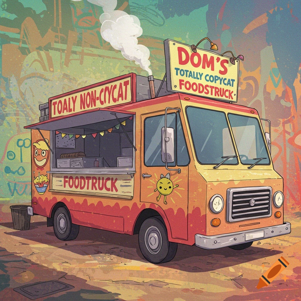 Colorful illustrated food truck in a street setting.