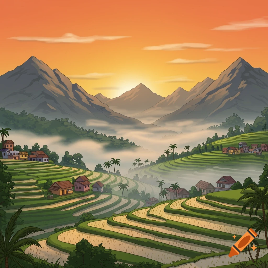 Cartoon landscape of terraced rice fields, mountains, and mist at sunrise.