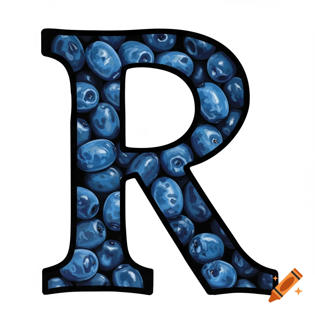 A large black letter R filled with close-up blueberries.