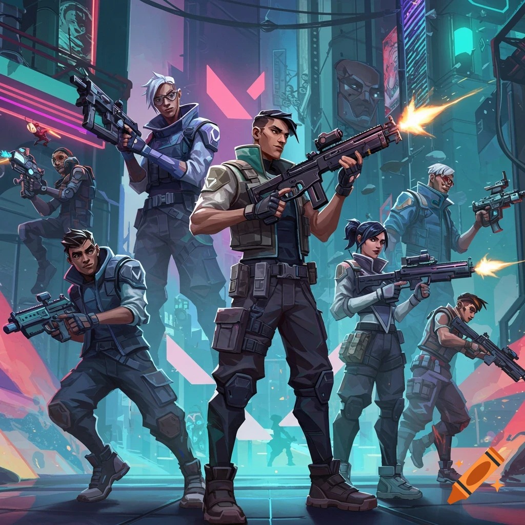 Multiple Valorant agents hold weapons in a futuristic cityscape.