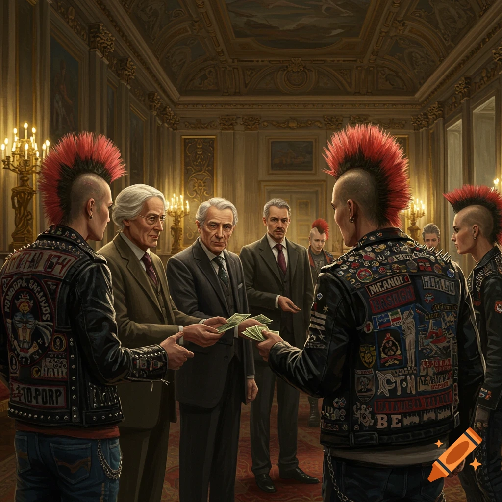 Wealthy people give money to punks with mohawks in a palace.