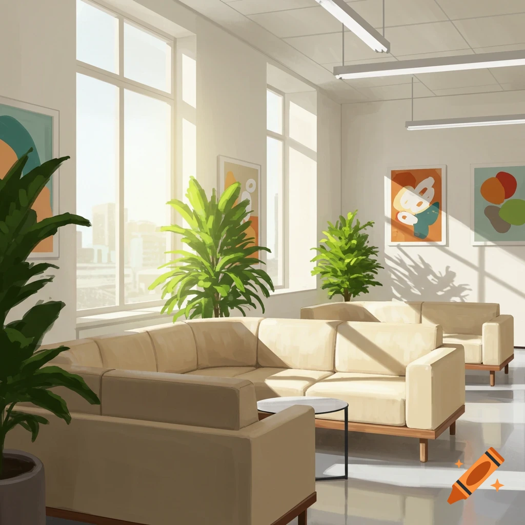 Bright office waiting area with light sofas, large plants, and abstract art.