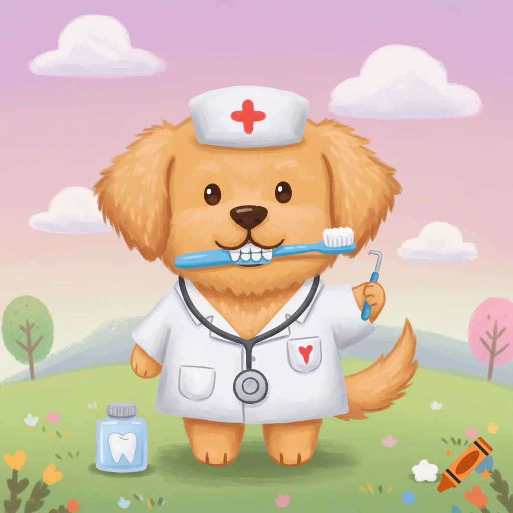 Cartoon golden retriever dog dressed as a dentist holding a toothbrush and toothpaste bottle in a field.