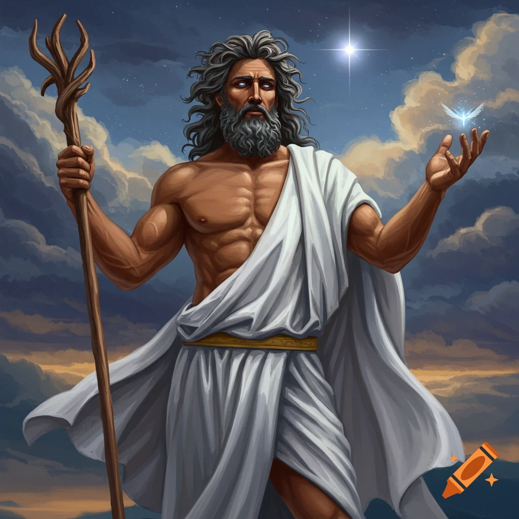 Illustration of a muscular, bearded man in a white robe holding a staff and a glowing bird, standing against a dramatic sky.