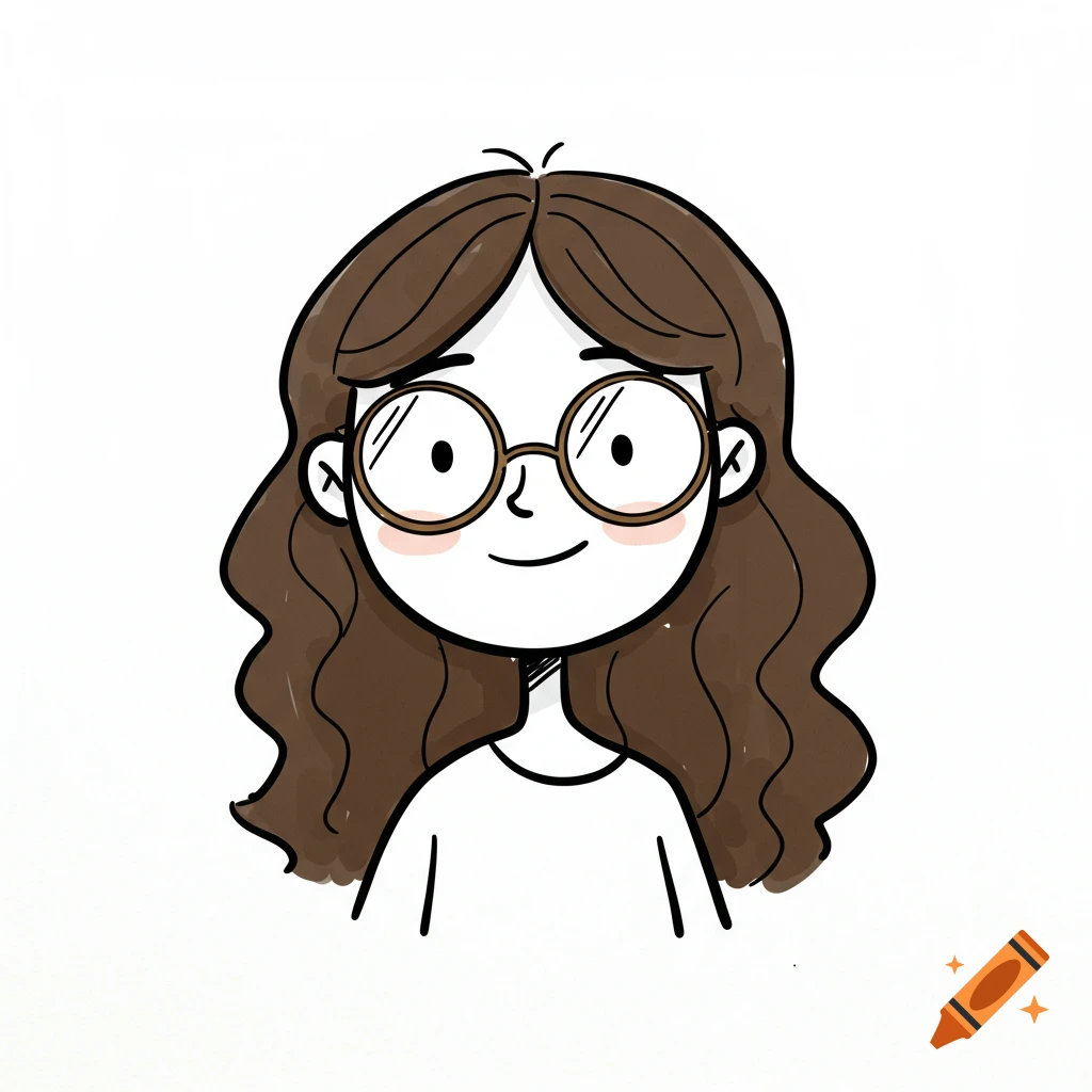 Simple doodle illustration of a girl with wavy brown hair and glasses.