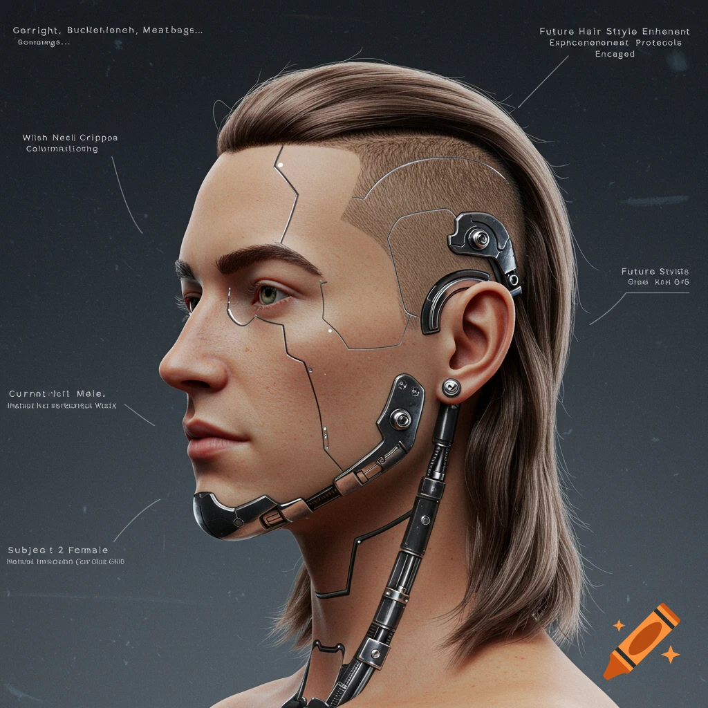 Profile view of a person with cybernetic implants on face and ear, with text annotations, in a futuristic style.
