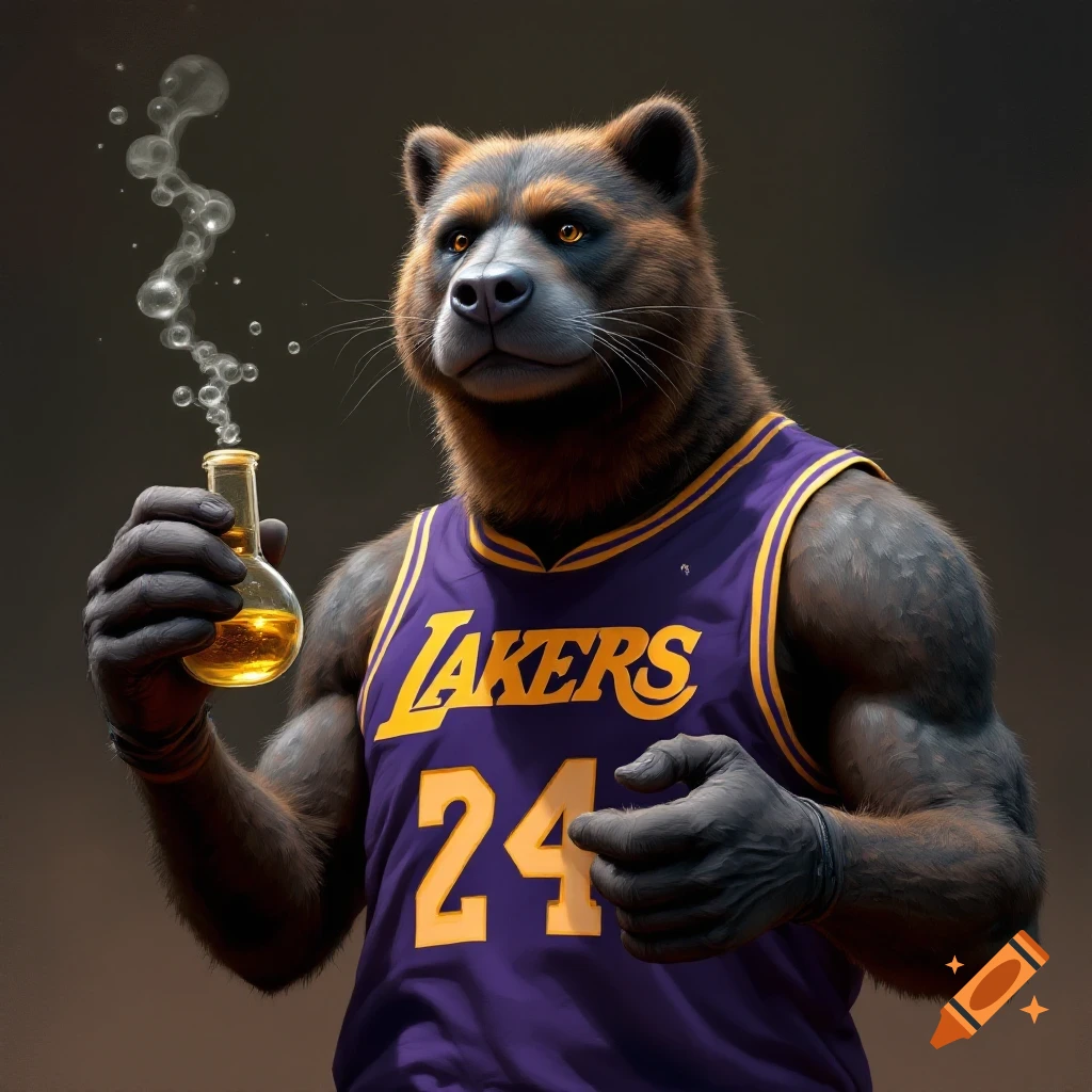A bear-like creature in a purple Lakers jersey holds a bubbling flask.