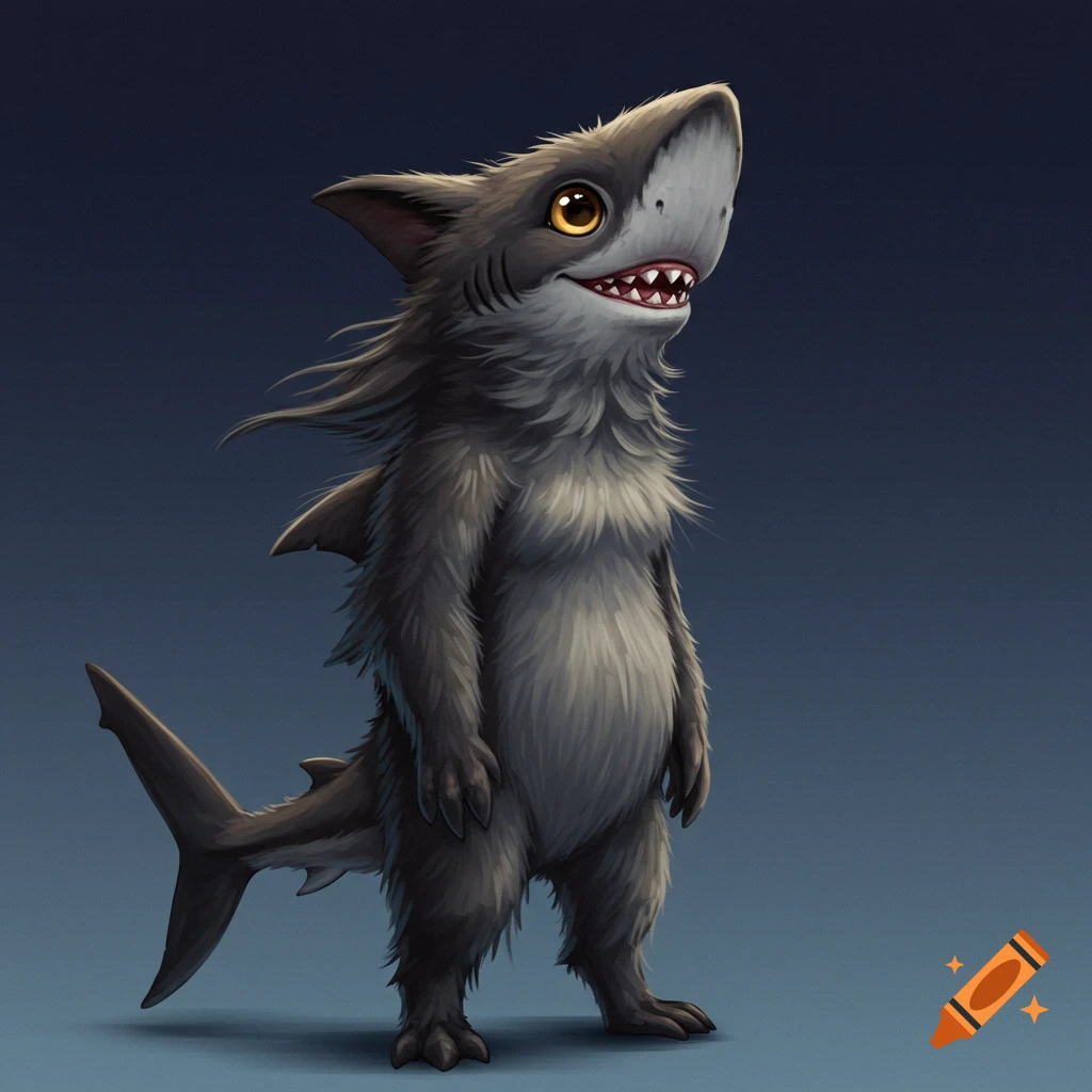 A standing, furry shark creature.