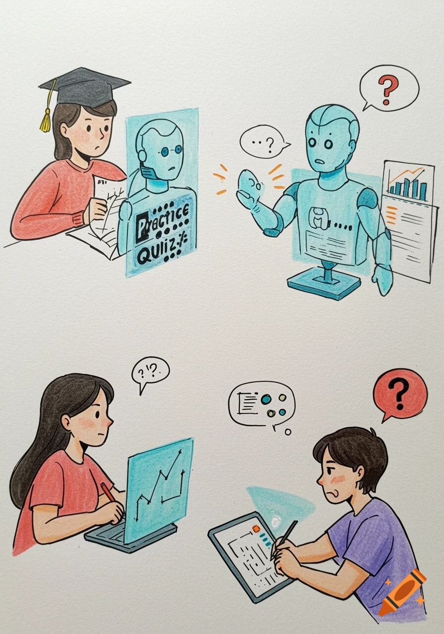 Colored pencil illustration of students interacting with AI holograms and computers.
