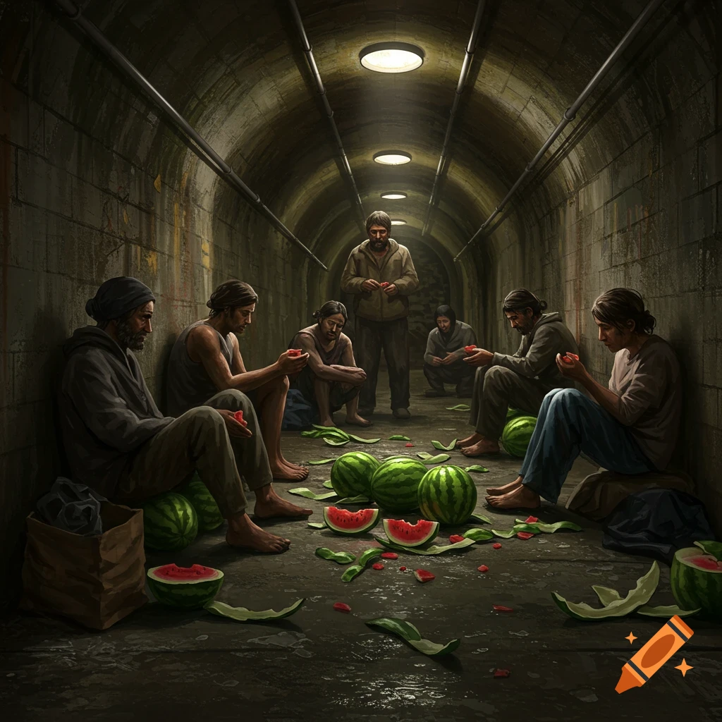 Men eating watermelons in a dark, grimy sewer tunnel. Painterly style.