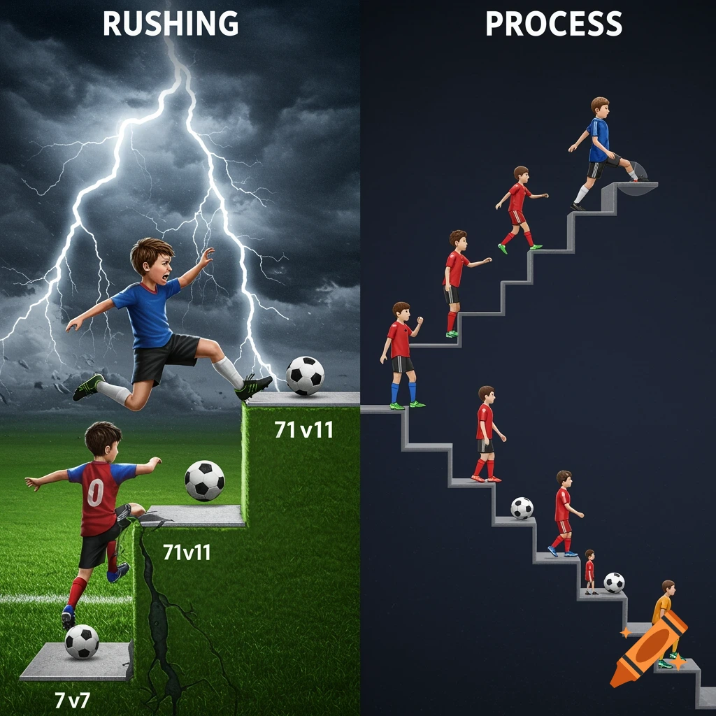 Illustration comparing rushing soccer development vs. process via platforms and stairs with young players.