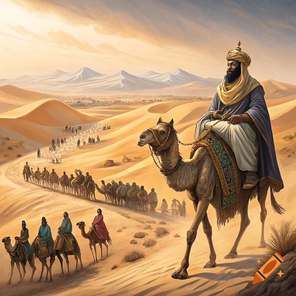 A man in robes rides a camel leading a caravan through a sandy desert with dunes and mountains.