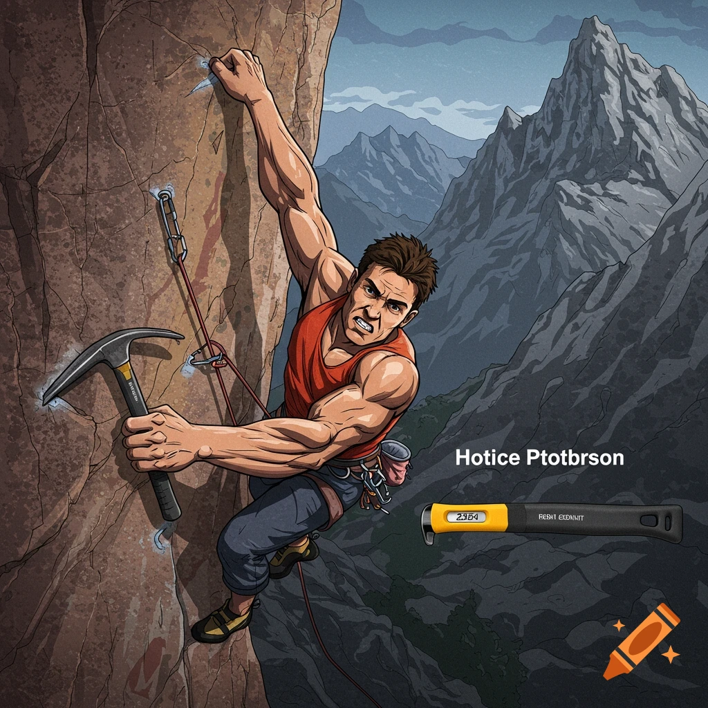 Stylized illustration of a rock climber ascending a steep mountain face.