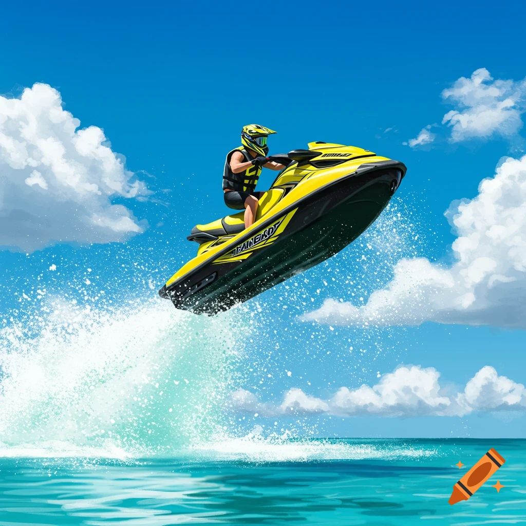 Person jumping a yellow jet ski high out of the water under a blue sky.