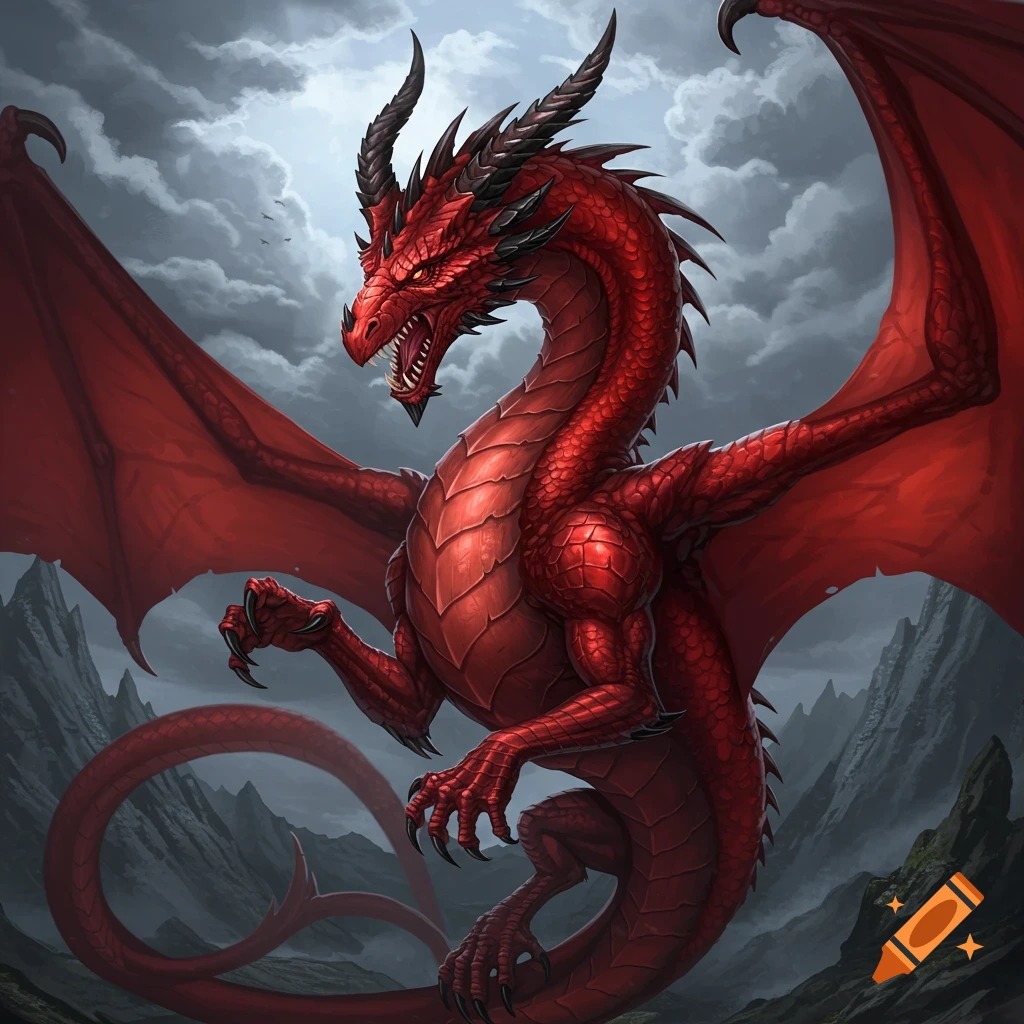 A large red dragon with wings spread, perched in mountains under a cloudy sky, fantasy art.