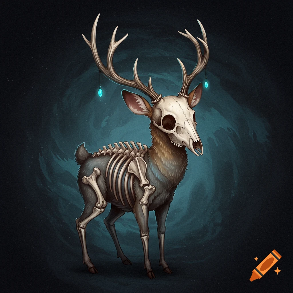 A stylized fantasy illustration of a deer with a skull head and visible skeleton standing in the dark with glowing blue orbs.