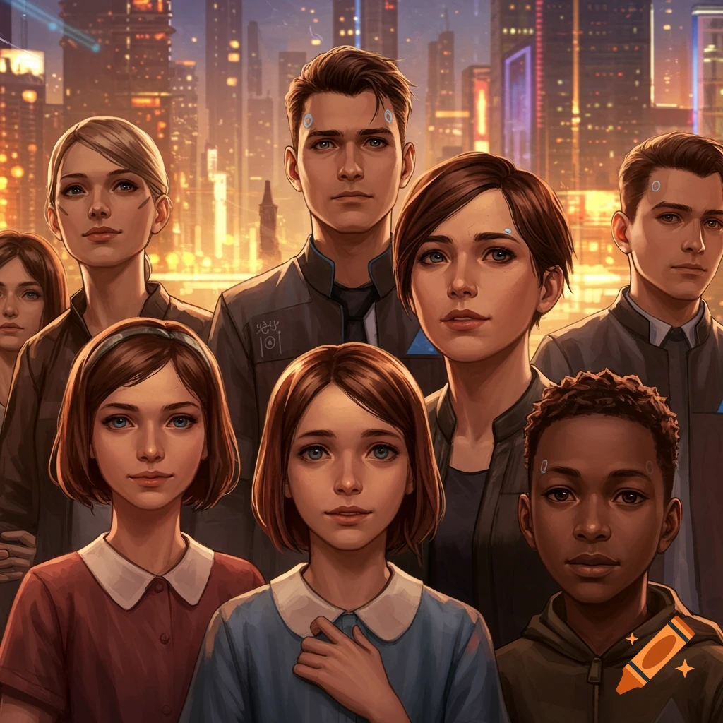 Group of characters resembling androids and humans with forehead lights ...