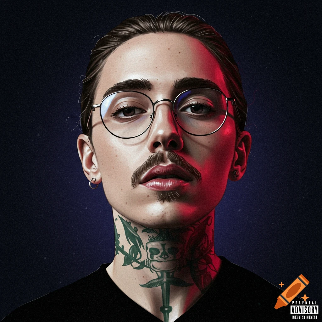 Close-up portrait of a man with glasses, a mustache, and neck tattoos, styled as an album cover.